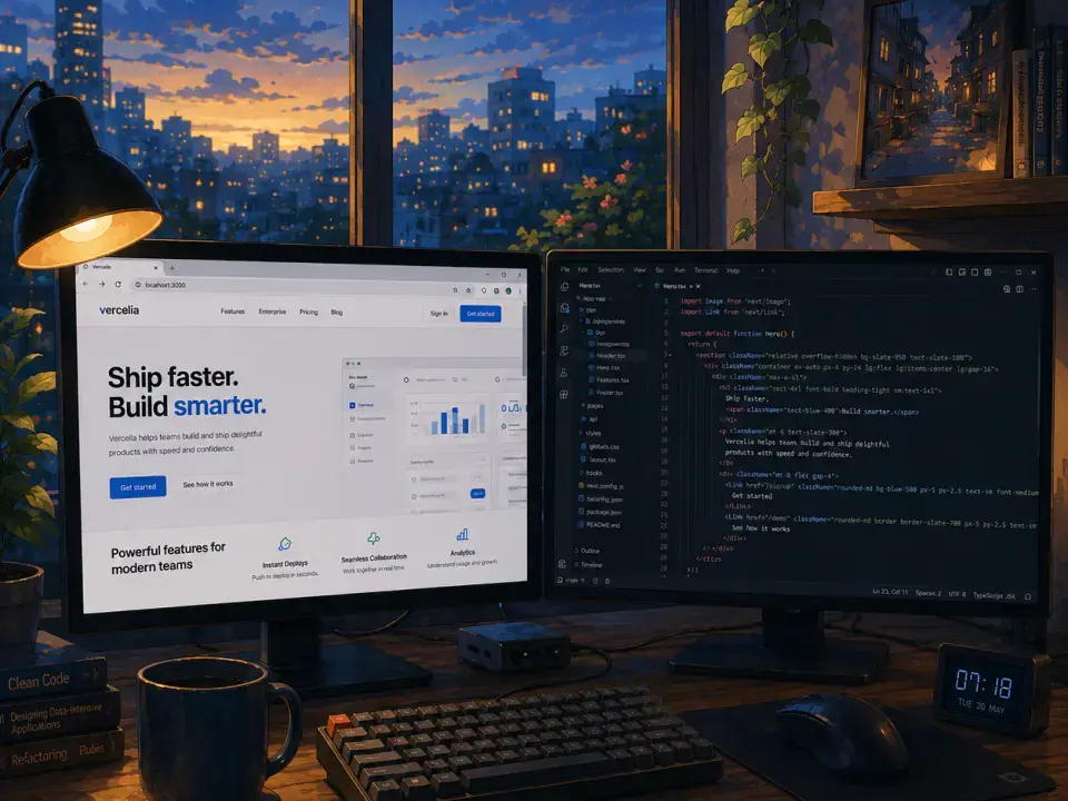 Web product and source code displayed across a dual-monitor workspace