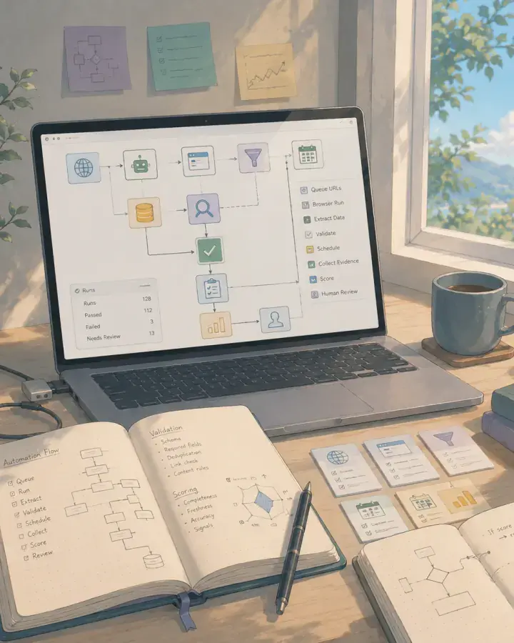 Automation workflow mapped across a laptop and open notebooks